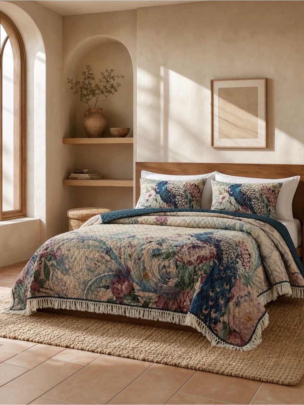 NEW Anthropologie Peacock Tassel Fringe Boho Quilt Bedspread Bedding & Sham Set